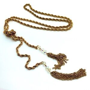 Vtg AB Aurora Crystal Tassel Gold Tone Rope Chain Lariat Tie Necklace 44” + 4”